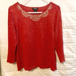NUE OPTIONS sweater.  Petite large. Tomato red. Metallic.
